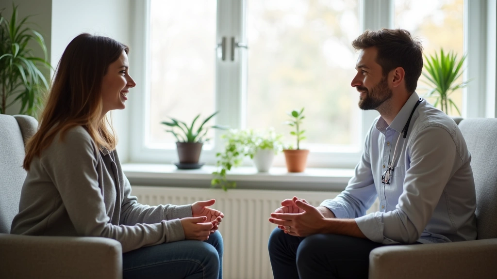 Mental health counselor and patient in private therapy session in comfortable clinical office with natural lighting and suppo