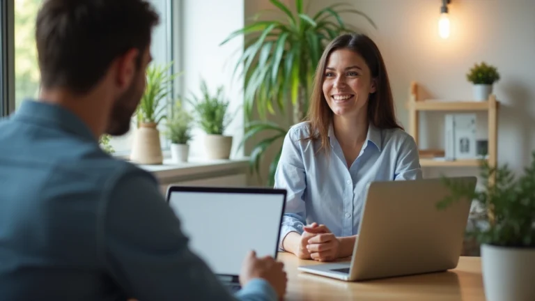 Professional female therapist conducting a virtual telehealth session on a laptop in a modern clinical office with plants and soft lighting, patient perspective