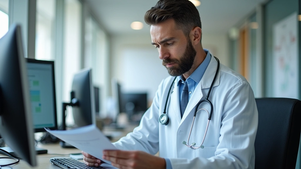 Male psychiatrist reviewing patient mental health records in a contemporary healthcare facility with medical charts and compu