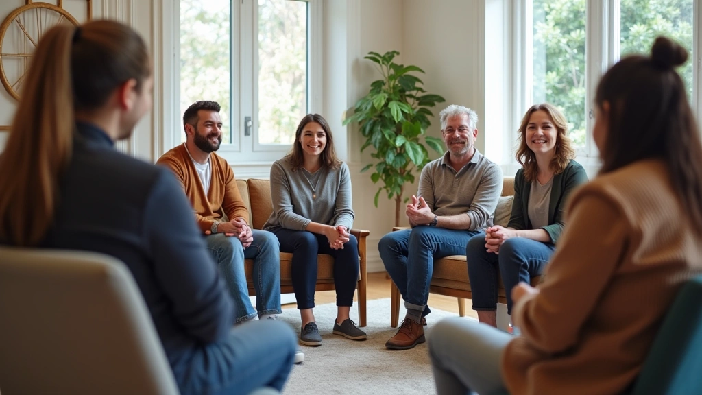 Diverse group of people in a supportive therapy session circle in a calm, welcoming mental health clinic environment with com