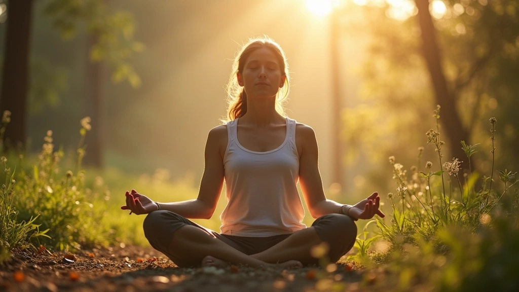 Person sitting in peaceful meditation pose in serene natural setting with soft sunlight, eyes closed in tranquility, surrounded by plants and natural elements