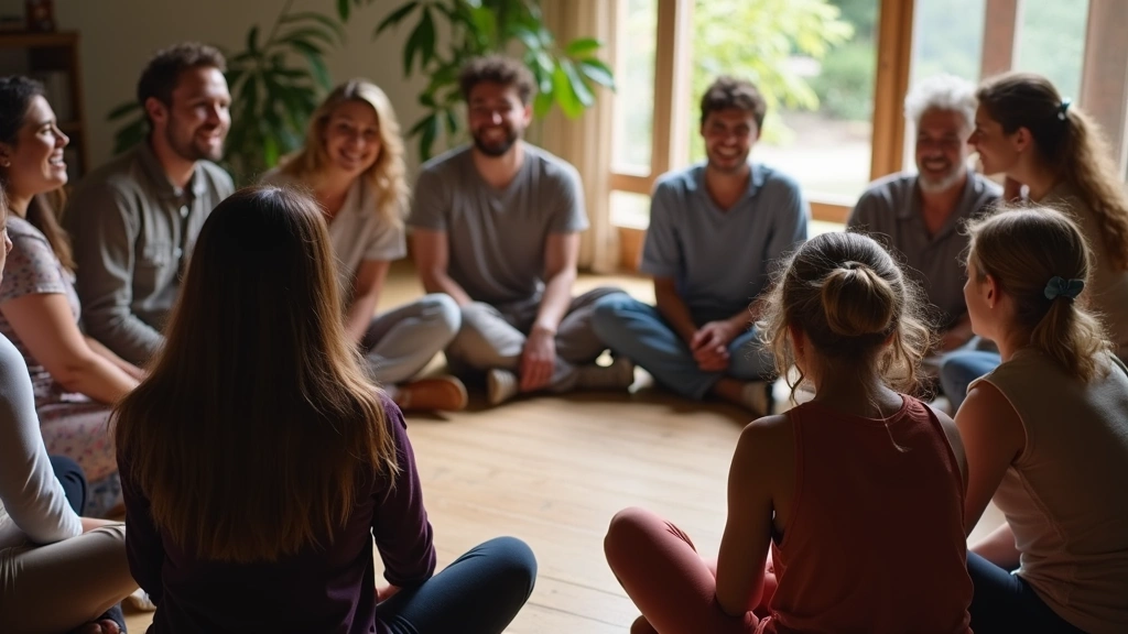 Group of diverse people sitting together in circle during community gathering or wellness session, showing connection and bel