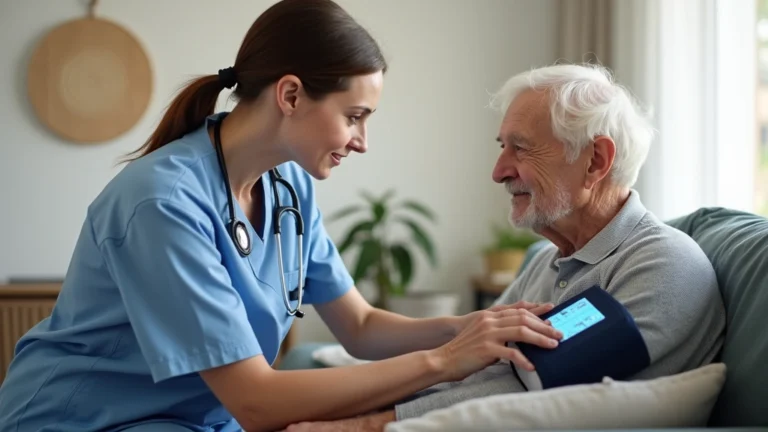 Professional nurse checking vital signs of elderly patient in modern home setting, digital blood pressure monitor visible, warm natural lighting, caring interaction