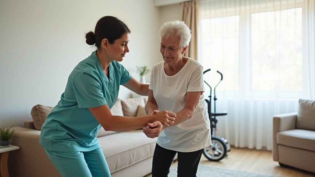 Home health aide assisting senior patient with mobility exercises in bright living room, physical therapy equipment visible, 