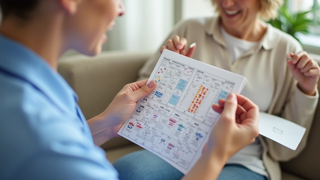 Nurse administering medication to patient at home with medication management chart, organized pill organizer, professional cl