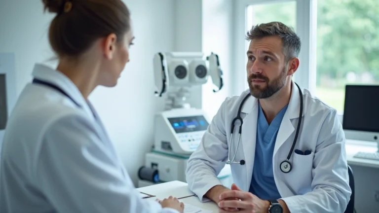 Professional healthcare provider in white coat examining patient in modern urgent care clinic setting with medical equipment visible