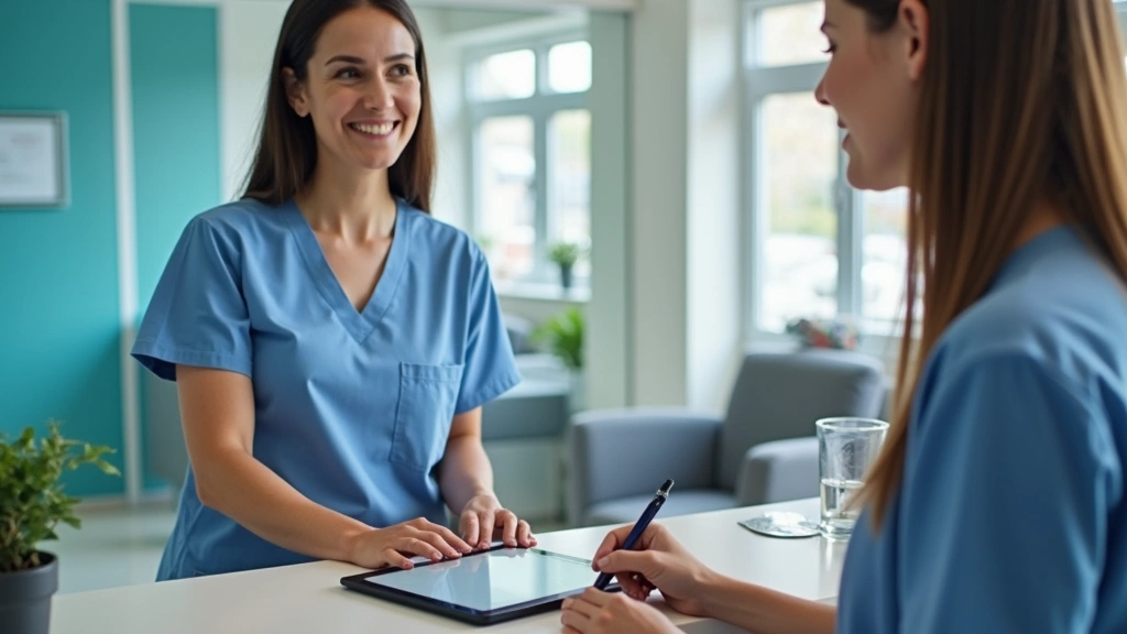 Patient checking in at urgent care clinic reception desk with digital tablet and waiting area visible in background