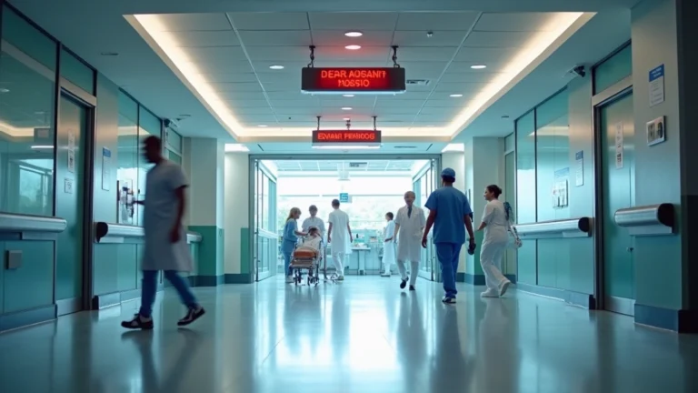 Modern hospital emergency department entrance with professional medical staff assisting patient arrival, bright clinical lighting, clean modern architecture
