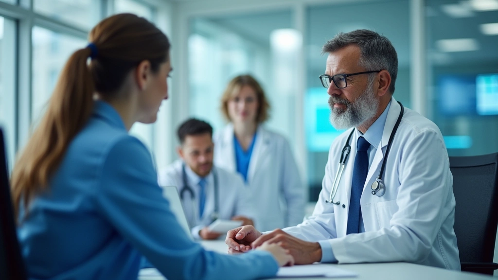 Healthcare professional in clinical setting reviewing patient medical records on computer terminal, professional office envir