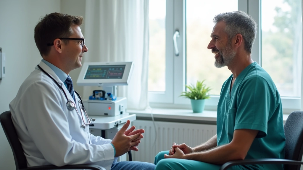 Patient consultation room with doctor and patient in discussion, medical equipment visible, comfortable clinical environment,
