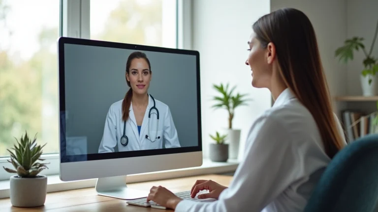 Professional woman in home office during video call with healthcare provider on computer screen, modern minimalist setting, natural lighting