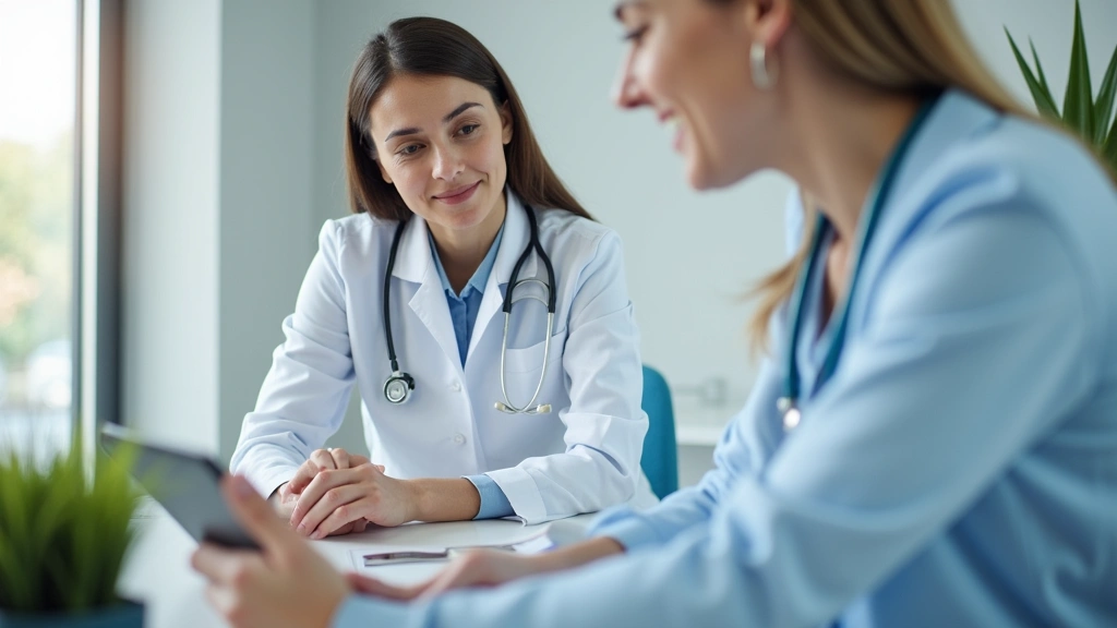 Licensed physician in white coat reviewing patient medical records on tablet during virtual consultation, clinical office bac