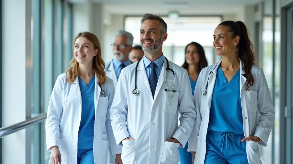 Healthcare professionals in modern hospital corridor, diverse team walking together, natural daylight through windows, professional medical attire, collaborative atmosphere