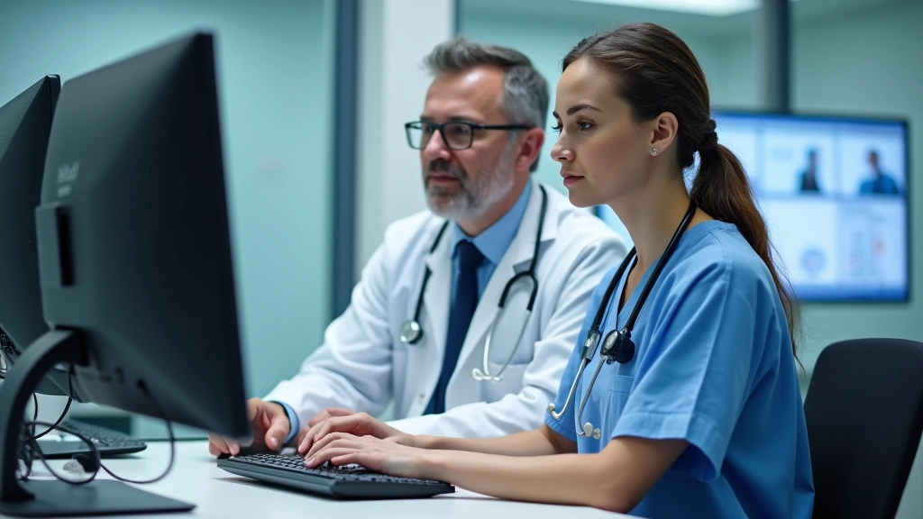 Doctor and nurse reviewing patient records at computer workstation in clinical setting, modern healthcare technology, focused