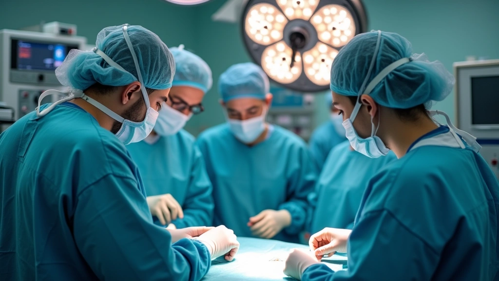 Medical team in operating room during procedure, surgical lights overhead, coordinated healthcare professionals, sterile envi