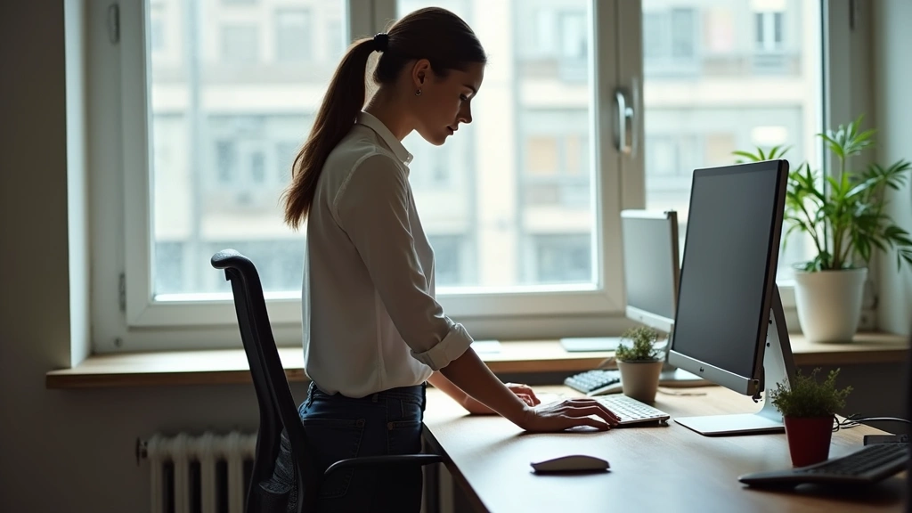 Professional woman standing at desk working, natural office lighting, ergonomic workspace setup, subtle movement posture