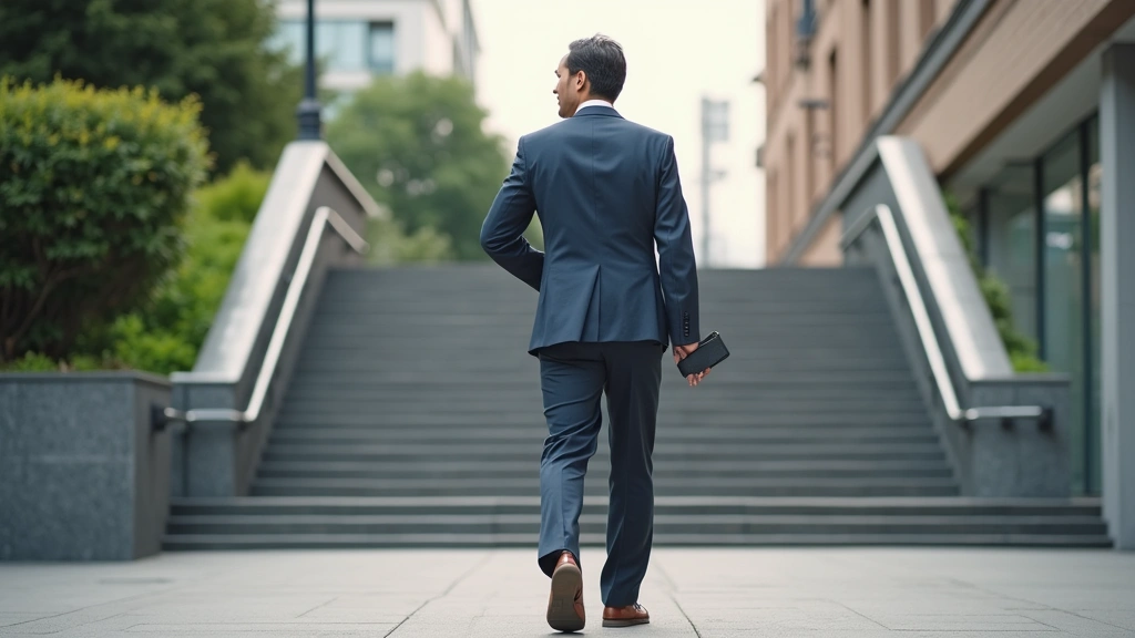 Person walking in urban environment, natural daylight, professional attire, stairs visible in background, active lifestyle