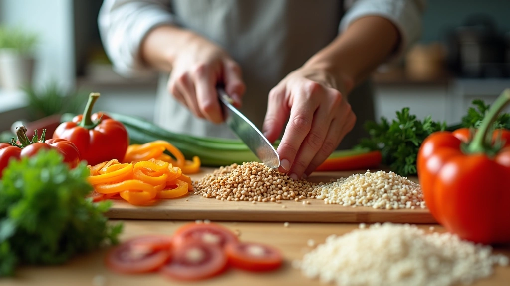 Close-up of healthy meal preparation, colorful vegetables and whole grains, kitchen counter, natural hands preparing food