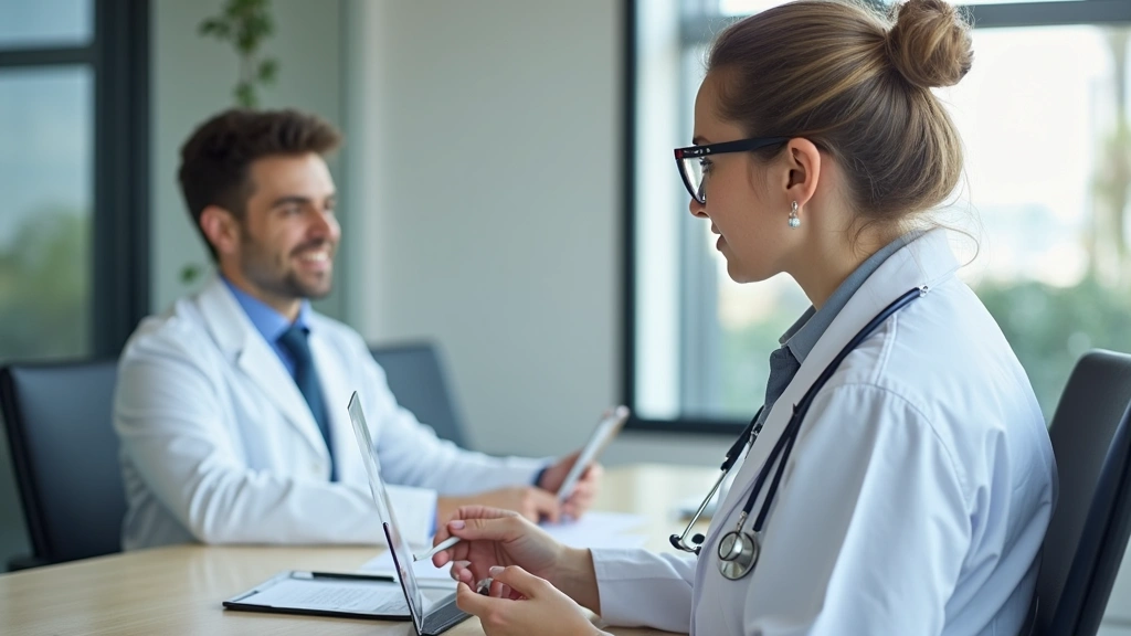 Professional healthcare provider in white coat reviewing patient medical records at desk in modern clinic office setting
