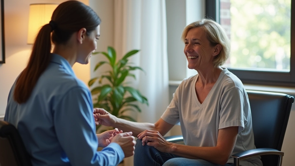 Patient sitting in comfortable medical examination room with healthcare provider discussing treatment options, warm lighting