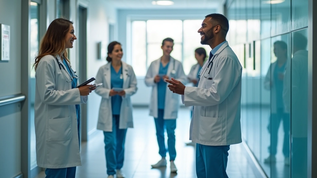 Diverse group of healthcare professionals collaborating in bright modern clinic hallway, professional medical environment