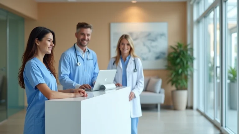 Professional medical clinic reception area with welcoming staff at front desk, modern healthcare facility interior, bright natural lighting, patient-friendly environment