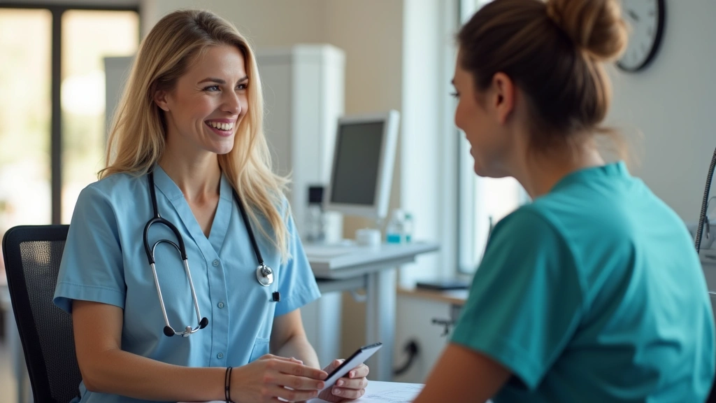 Female nurse practitioner conducting patient consultation in modern medical office, professional healthcare setting, warm cli