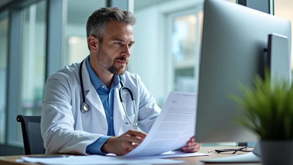 Male physician reviewing patient medical records at computer workstation in clinic office, healthcare documentation, professi