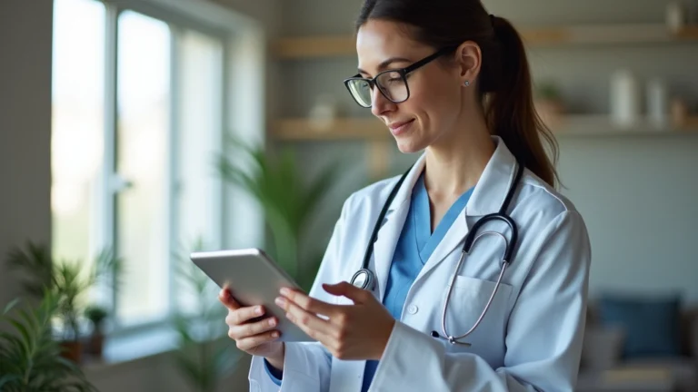 Professional woman using tablet at home viewing medical records on secure healthcare portal, calm medical office background, natural lighting