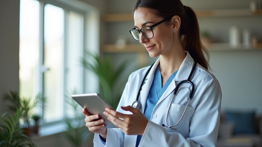 Professional woman using tablet at home viewing medical records on secure healthcare portal, calm medical office background, natural lighting