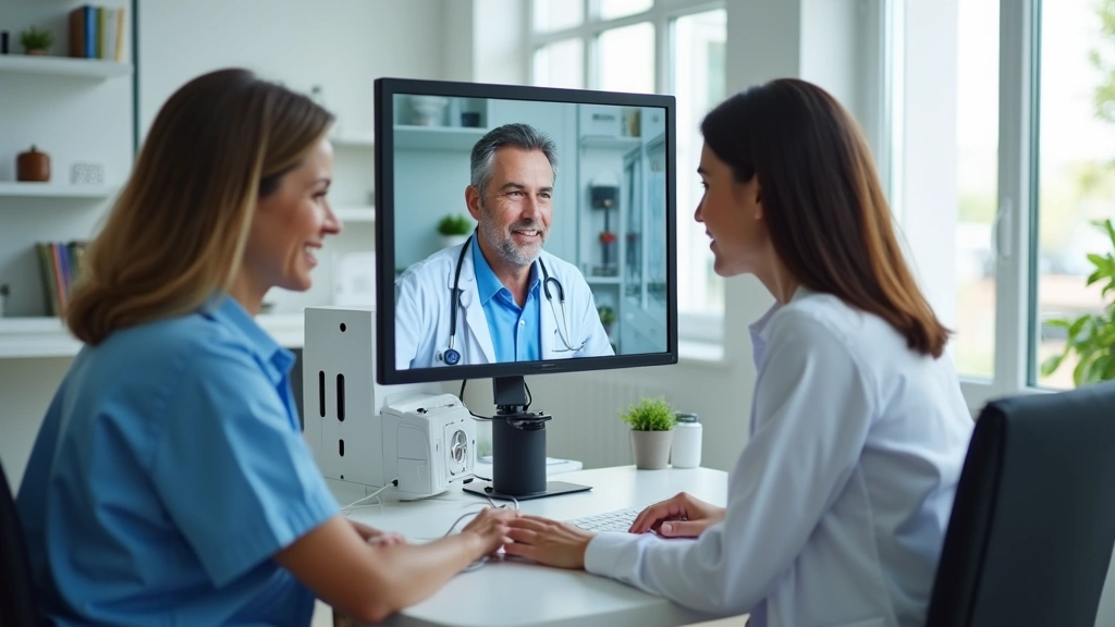 Healthcare provider and patient having video consultation on computer screen, modern clinic setting, professional medical env