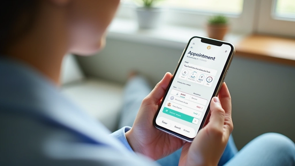 Person holding smartphone checking appointment calendar and test results on mobile health app, bright natural lighting, focus