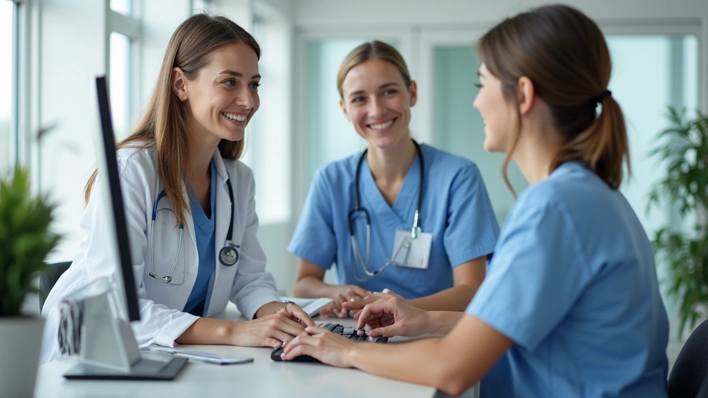 Patient scheduling appointment on computer at healthcare facility reception desk with friendly staff member assisting in back