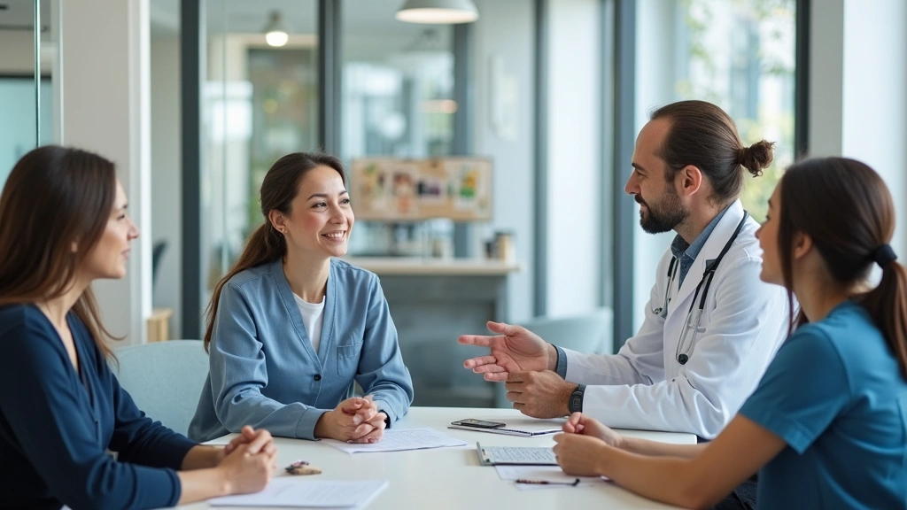 Diverse group of people in modern wellness center participating in health screening or preventive care consultation with medi