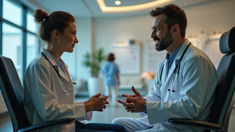 Professional healthcare provider conducting medical consultation with young student in modern university health center clinic, warm lighting, caring atmosphere, no visible text or logos