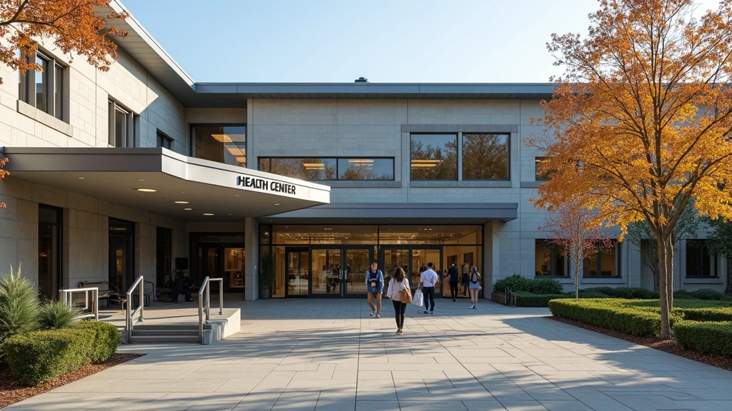 University campus health center exterior building entrance during daytime, modern architecture, welcoming entrance, students 