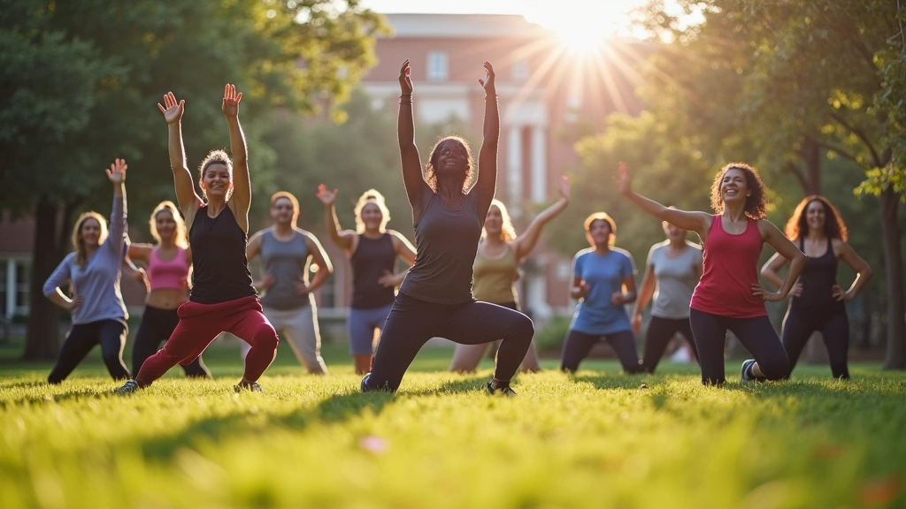 Diverse group of college students participating in outdoor wellness fitness class on university campus green space, morning s
