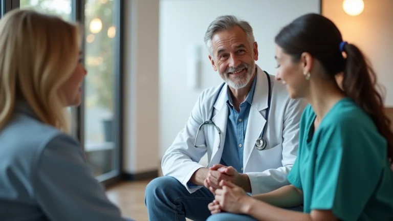 Professional medical appointment setting with diverse student meeting with healthcare provider in clinical office, warm lighting, modern healthcare facility