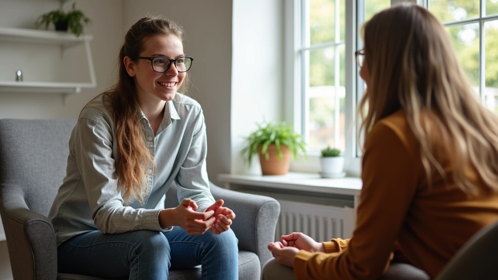 College student receiving mental health counseling in comfortable therapy office with professional therapist, supportive envi