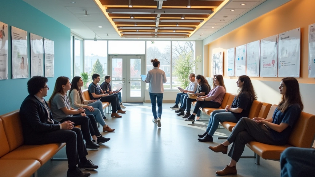 Student health center waiting room with diverse students, modern medical facility interior, welcoming reception area with hea