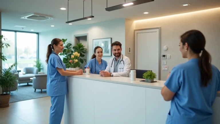 Professional medical office reception area with diverse patients and healthcare staff, welcoming clinic environment, modern healthcare facility interior