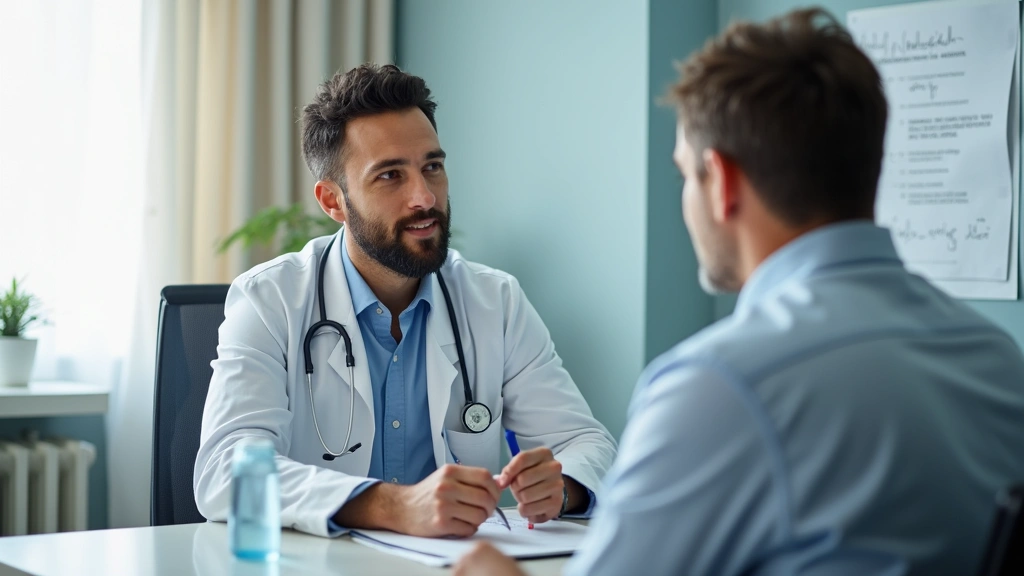 Family medicine doctor conducting patient consultation in examination room, stethoscope and medical instruments visible, prof