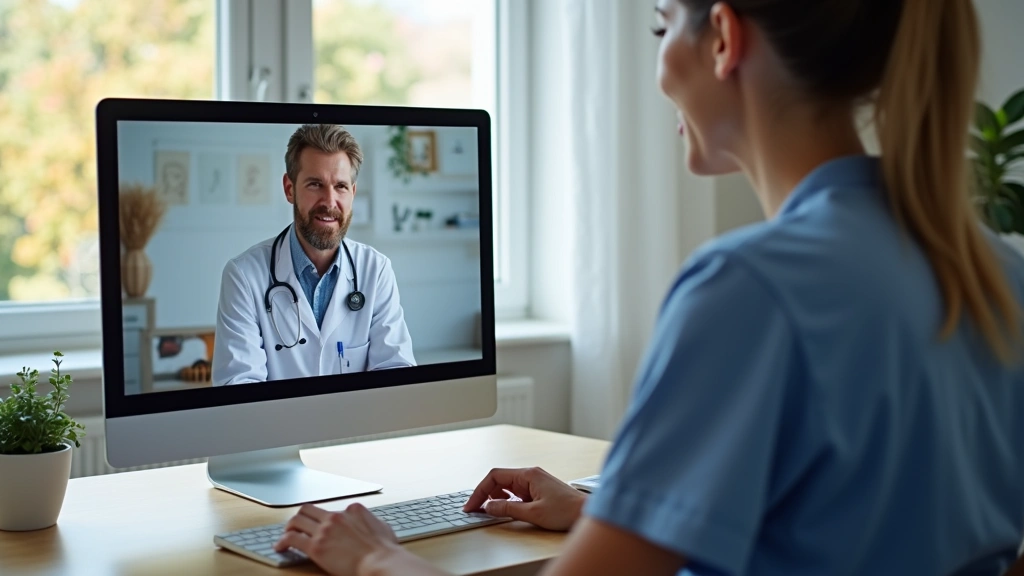 Telehealth virtual appointment on computer screen, patient at home during remote medical consultation with healthcare provide
