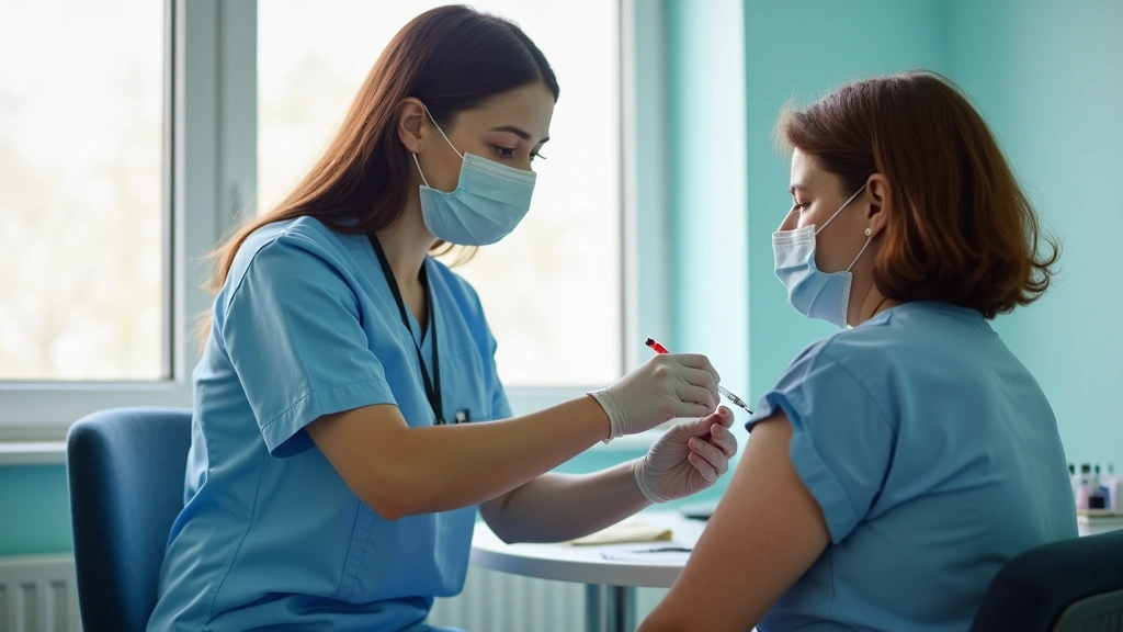 Professional nurse administering vaccine to adult patient in clean medical clinic setting, natural lighting, calm clinical environment