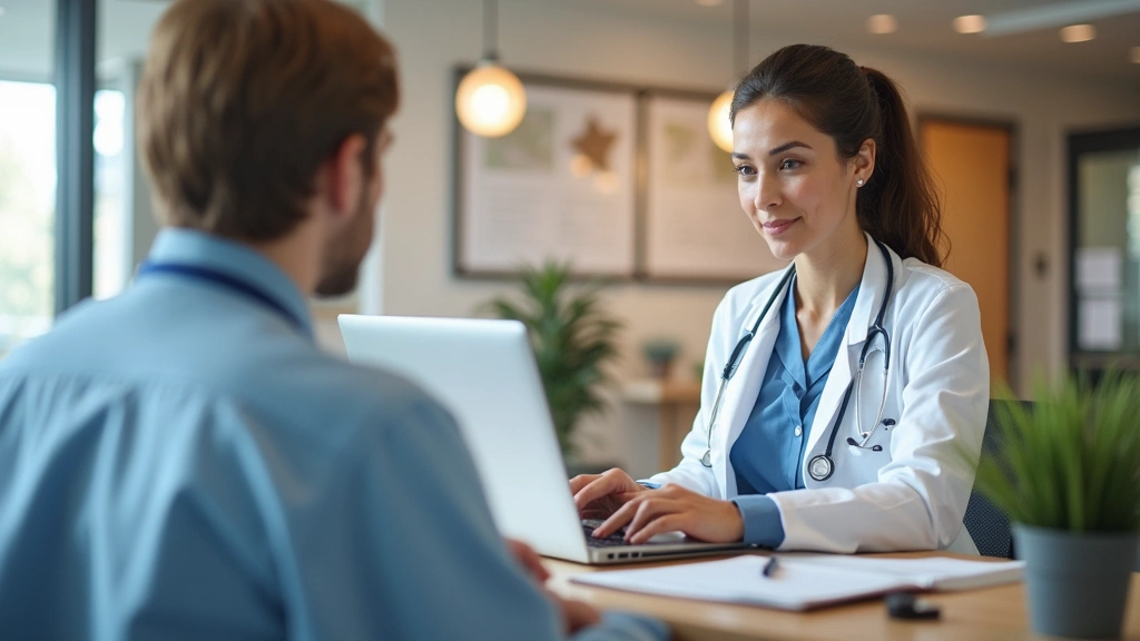 Public health department receptionist at desk helping patient with appointment scheduling, modern healthcare office interior