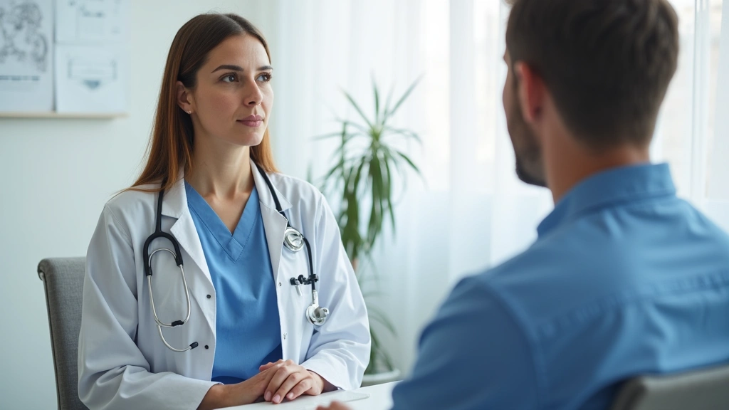Healthcare provider conducting health screening examination with patient in examination room, professional medical setting