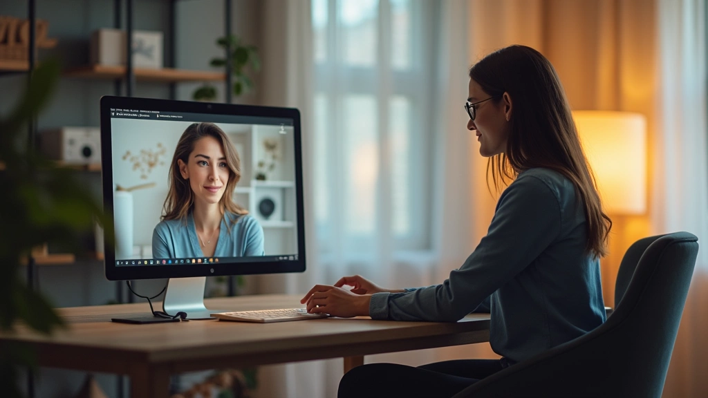 Female therapist in professional office setting conducting virtual video session with patient on computer, warm lighting, modern mental health clinic environment