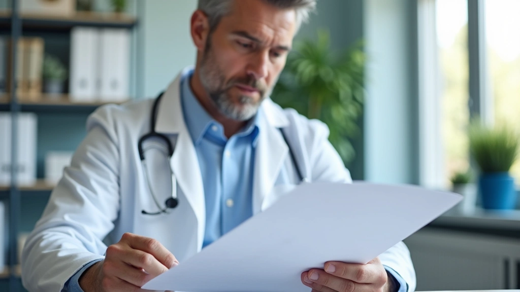 Male psychiatrist in white coat reviewing patient file at desk in clinical office, professional medical setting, caring healt