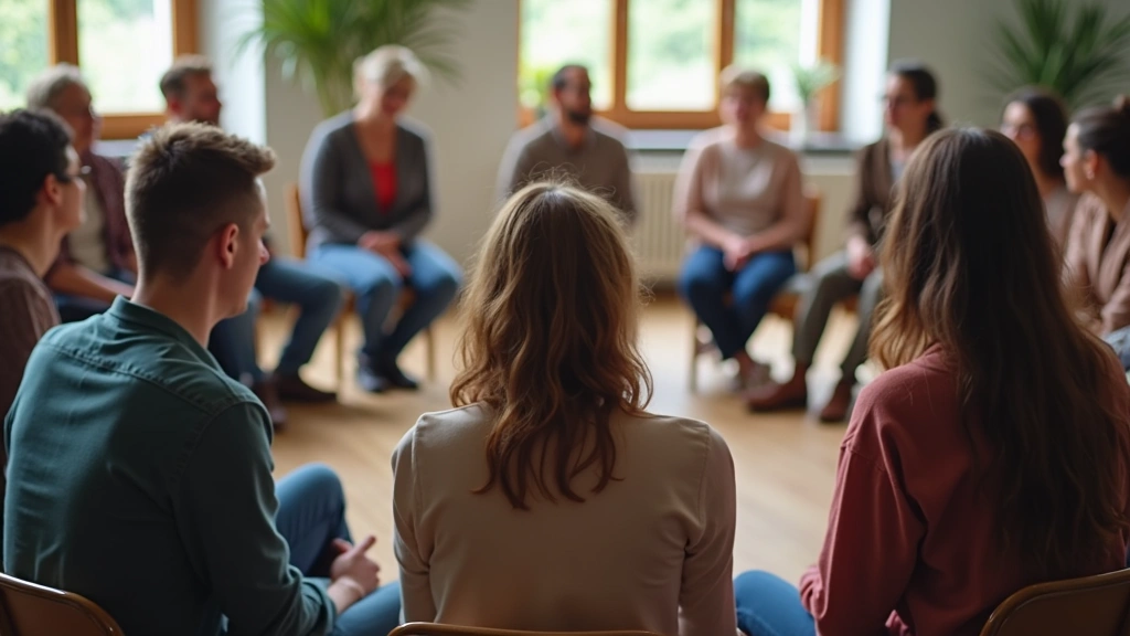 Diverse group of people in community mental health support group circle, sitting together in warm supportive environment, pro