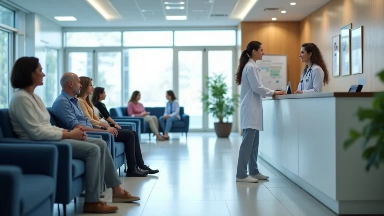 Modern medical clinic waiting room with diverse patients checking in at reception desk, bright welcoming interior with healthcare staff, professional healthcare environment